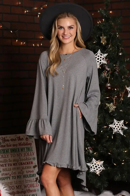 RUFFLE DETAIL LONG SLEEVE DRESS - GREY