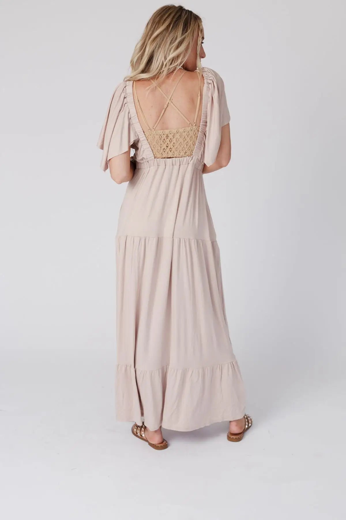 ON REPEAT OPEN BACK RUFFLE MAXI DRESS - SAND