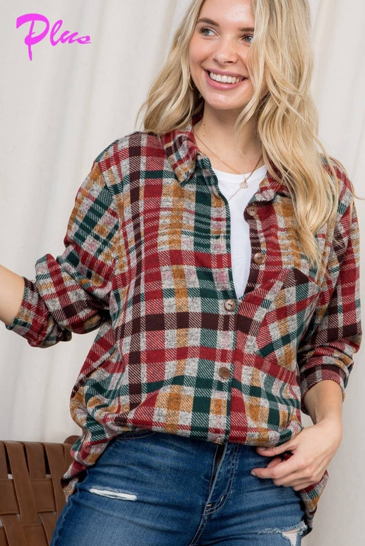 FUZZY PLAID BUTTON DOWN SHACKET