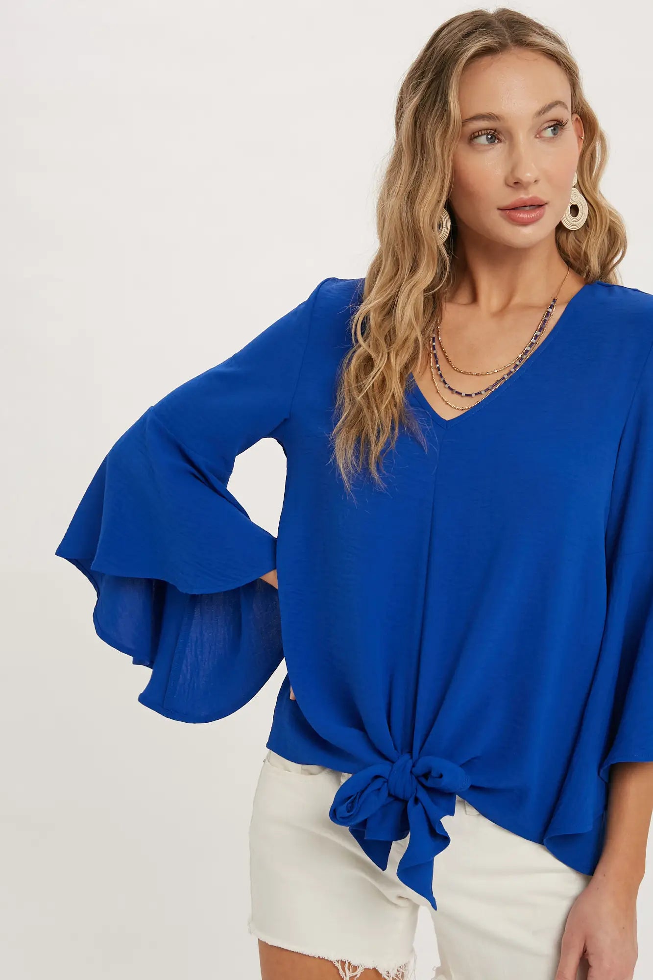 FRONT-TIE BLOUSE WITH BELL SLEEVES - ROYAL