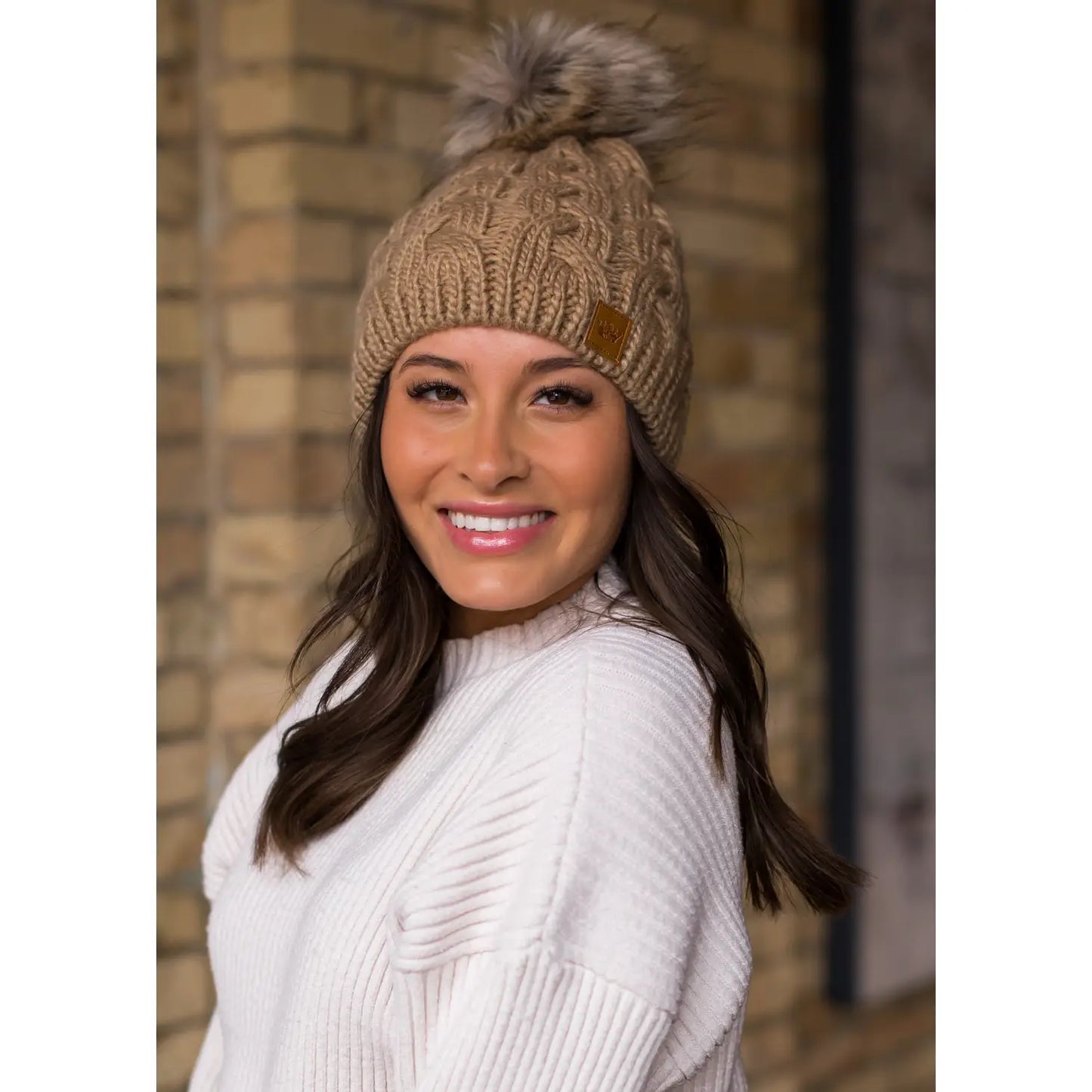 TAN BRAIDED KNIT POM HAT